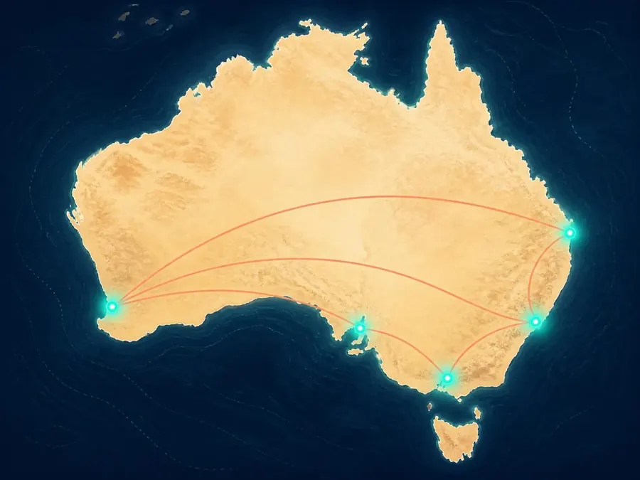 Map of Australia showing cities served