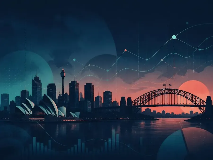 Sydney skyline with digital analytics overlay